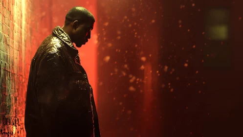 Solitary figure in glowing red alley contemplates the night.