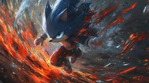 Blue anthropomorphic hedgehog figure runs through fiery arc