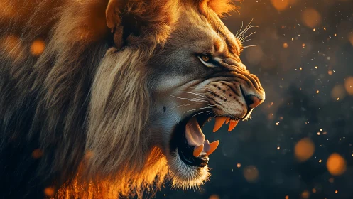 Lion roar ignites embers in cinematic golden backlight.