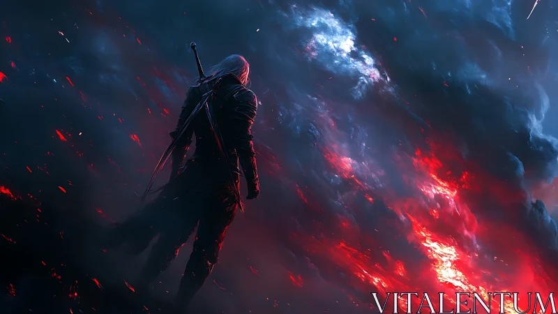 Warrior with sword faces fiery cosmic storm in darkness.