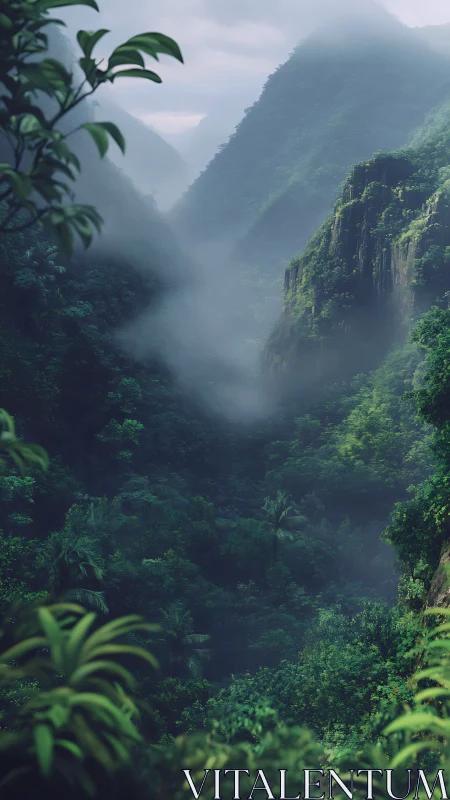 Lush misted valley landscape in cinematic digital painting style.