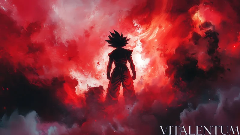 Silhouetted spiky-haired figure within dense red energy cloud.