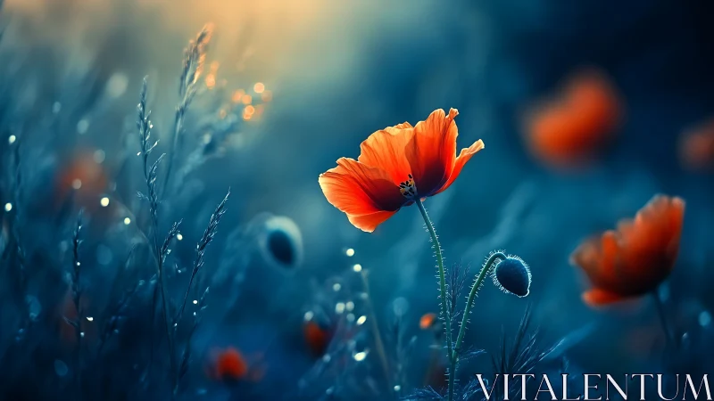 Luminous scarlet poppy in cool-toned bokeh meadow at dusk.