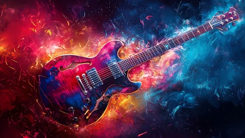 Electric guitar ignites a cosmic nebula of riotous color.