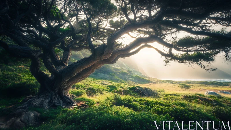 Twisting coastal tree leans into dawn’s mist-soaked meadow glow