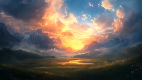 Sunlit valley opens between misty mountains at dawn