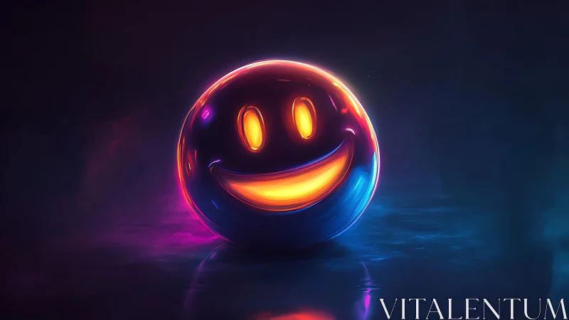 Neon smiley sphere glows in dark atmospheric space.
