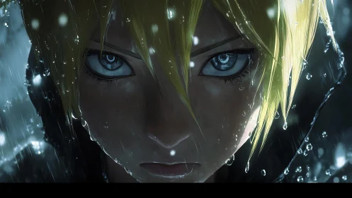 Determined anime warrior glares through the pounding rain