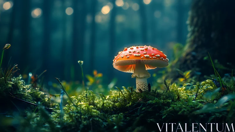 Red mushroom stands on mossy forest floor at dusk light