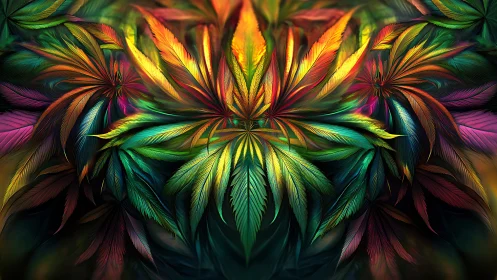Multicolored leaf clusters form dense symmetrical abstract pattern