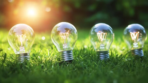 Photorealistic glass bulbs in luminous eco landscape composition.