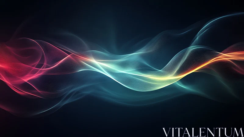 Colorful light waves flow across dark digital background