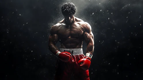 Muscular Boxer in Red Gloves Amid Rain