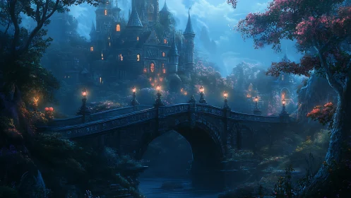 Enchanted riverside castle glows beneath a misty blue moon.