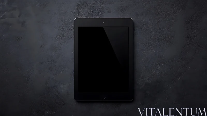 Black tablet device on dark textured surface.