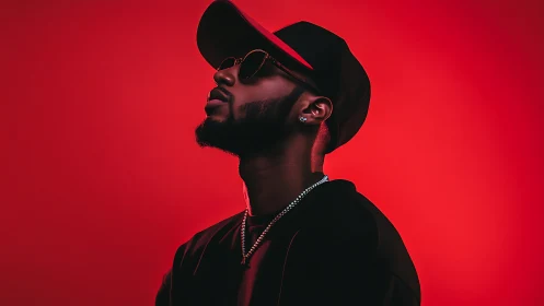 Stylish man in cap and sunglasses under neon red light
