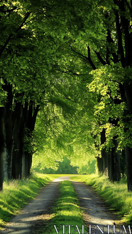 Tree-lined rural dirt road receding through dense green canopy