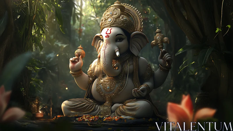 Ganesha idol in ornate gold attire within forest shrine.