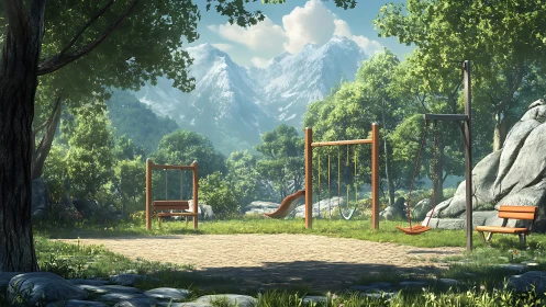 Mountain forest playground under clear summer daylight.