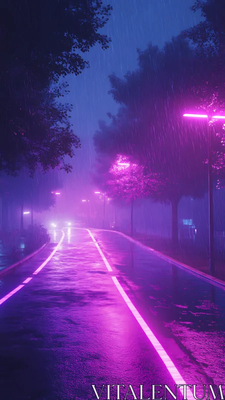 Neon-lit rainy street recedes into mist under magenta glow