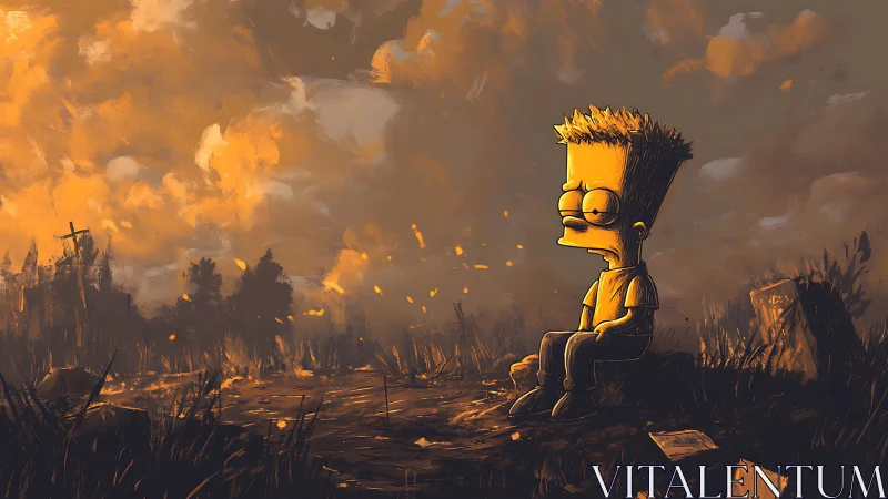 Quiet cartoon boy in smoky golden twilight landscape.