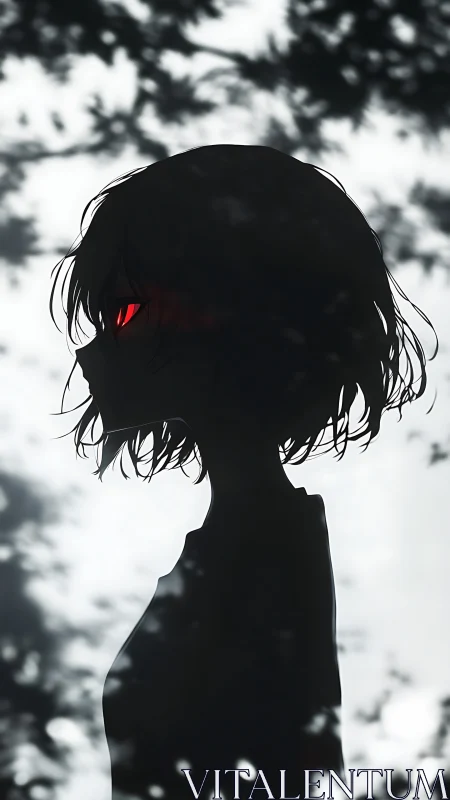 Silhouetted anime profile with red eyes in soft bokeh forest.