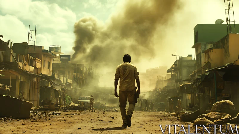Lone survivor walks through war-torn city street ruins.
