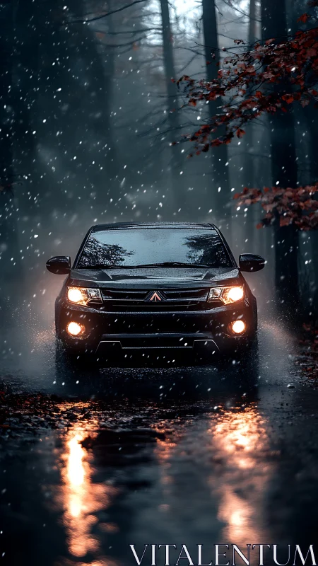 Midnight forest pickup slices through rain and rising sparks