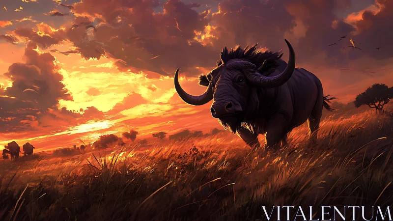 Buffalo strides through a blazing savanna sunset glow.