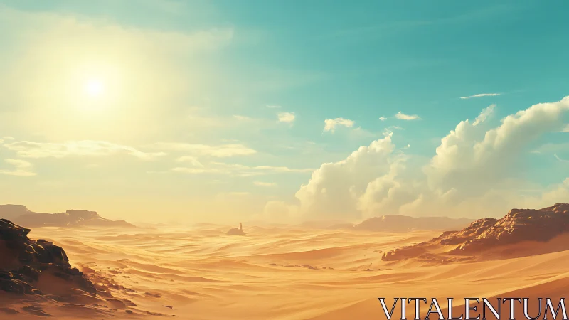 Sunlit desert dunes stretch toward distant rocky horizon