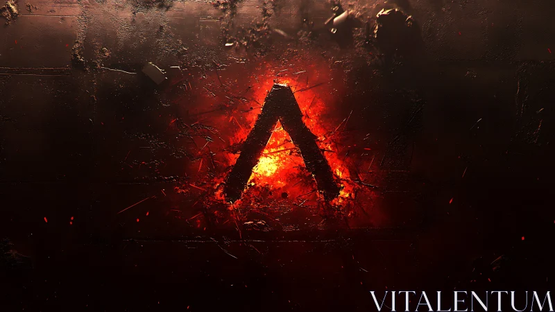 Digital painting of molten triangular sigil on scorched metal wall.