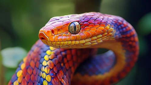 Iridescent coiled snake displays vivid multicolored scales