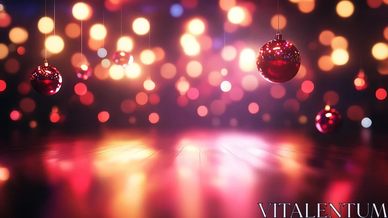 Red glass ornaments suspended over luminous bokeh floor.
