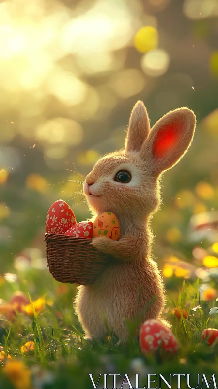Small rabbit holds basket of decorated eggs in field