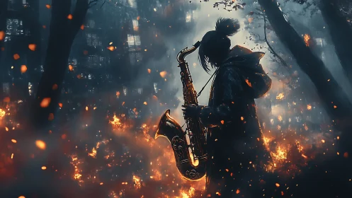 Solitary saxophonist plays through burning forest night