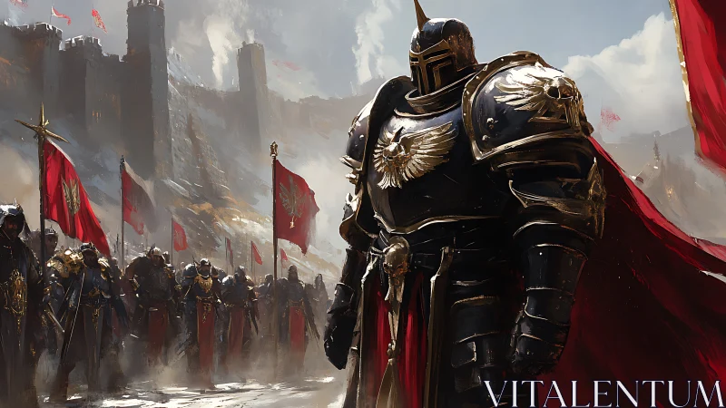 Valiant armored knight leading a crimson-bannered host.