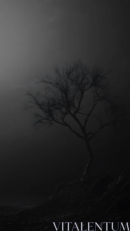 Solitary bare tree curves upward against dense nocturnal fog