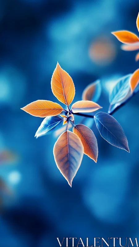 Orange and blue leaves against smooth blue background.