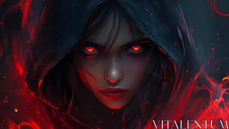 Fierce hooded mage locks eyes with you through swirling fire