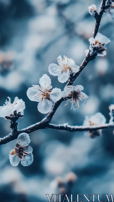 Frost-covered blossoms on dark branch against blurred background