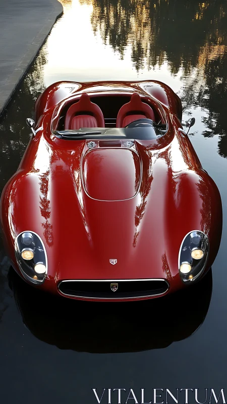Red classic roadster reflects over still canal water