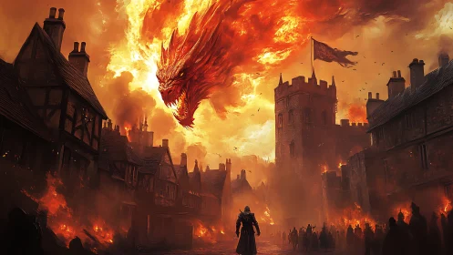 Incandescent dragon assault over fortified medieval citadel.