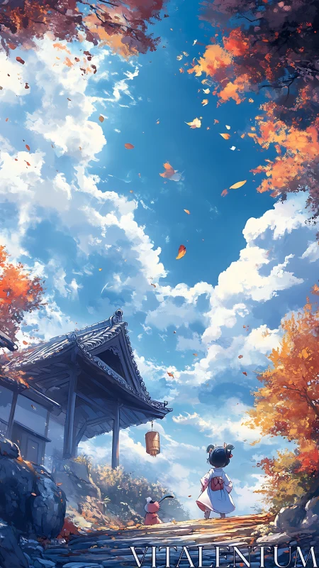 Child observes autumn sky near traditional gate structure
