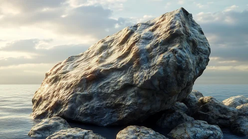 Massive coastal boulder resting on smaller shoreline rocks.