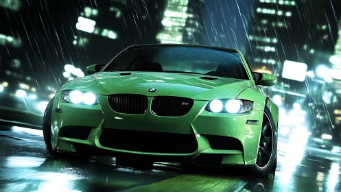 Neon green sports car gliding through a rainy city night.