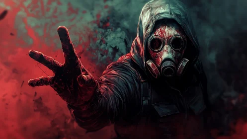 Hooded wanderer in a red storm of post‑apocalyptic tension.