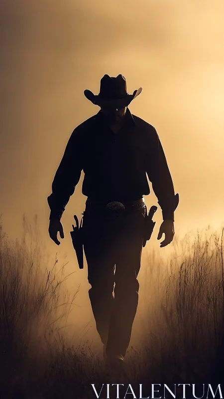 Silhouetted cowboy strides through dusk haze in dramatic backlight