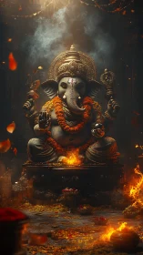 Gentle glow of Ganesha amid marigolds, smoke and flame.