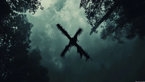 Cinematic forest sky with tattered wooden X silhouette composition.