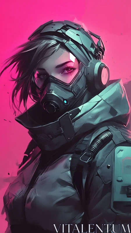 Cyberpunk operative portrait in neon pink armor suit.